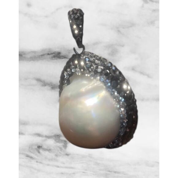Baroque Pearl Pendant with Halo of CZ and Marcasite  1” x .75” - Picture 1 of 5